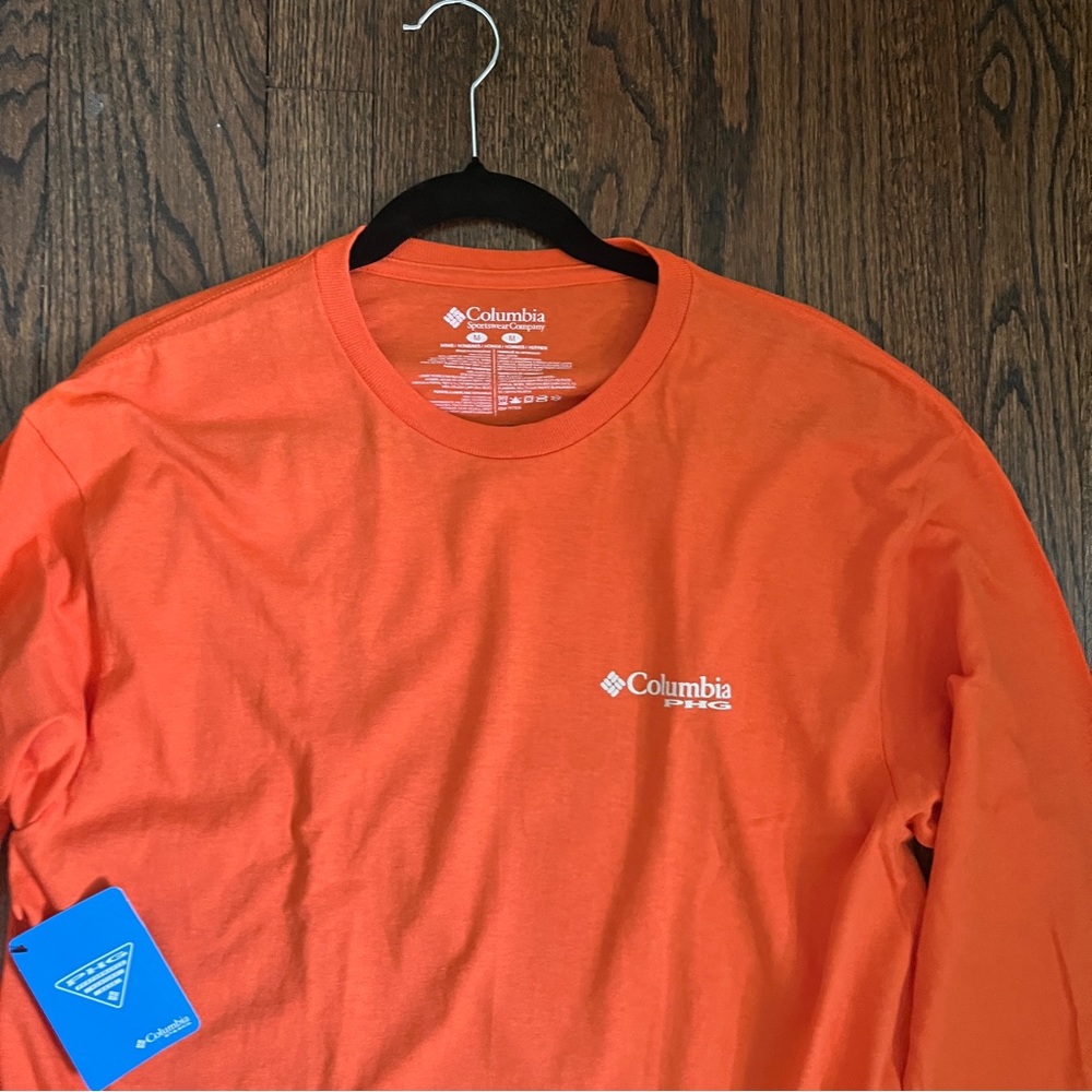 Columbia Mens PHG Long Sleeve Shirt Med Tall NWT New Orange Deer Graphic On Back